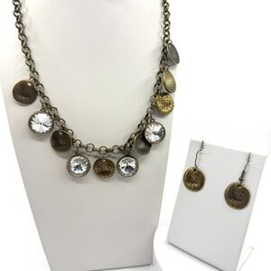 Boho Bronze Tone Link Necklace & Textured Disk Drop Earrings Set Celestial Style
